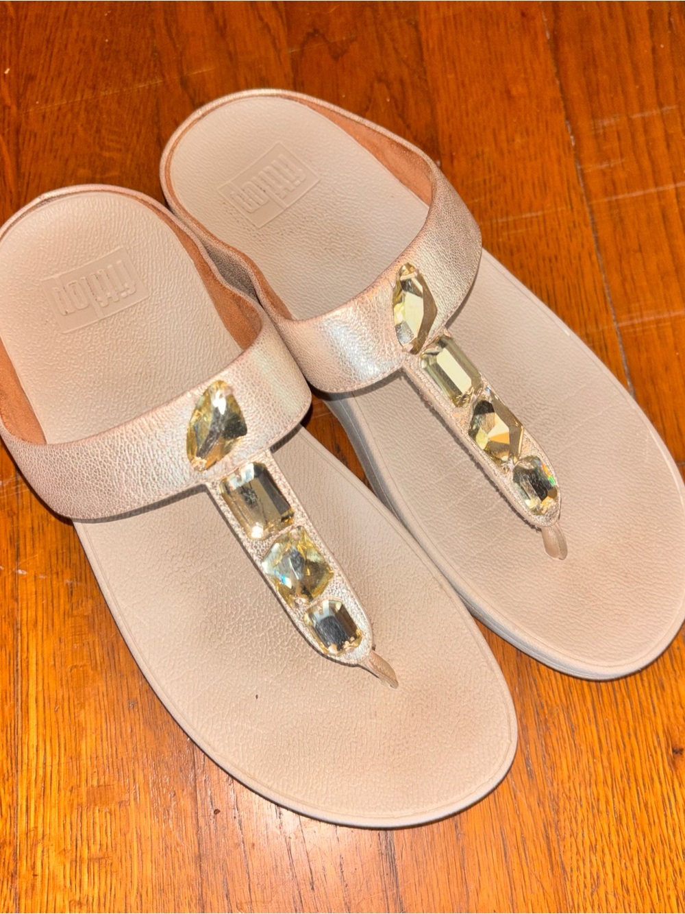Fitflop Women's 6 Embellished T-strap Sandals in Champagne orthotic, comfort